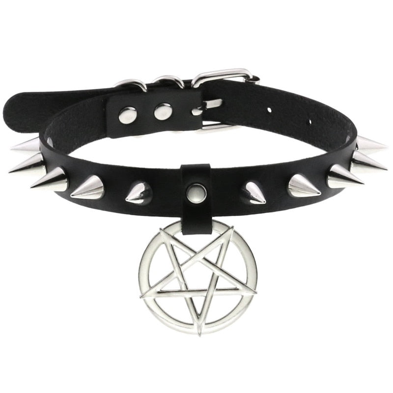 Gothic Choker Necklace with Spikes, Chains and Pendants