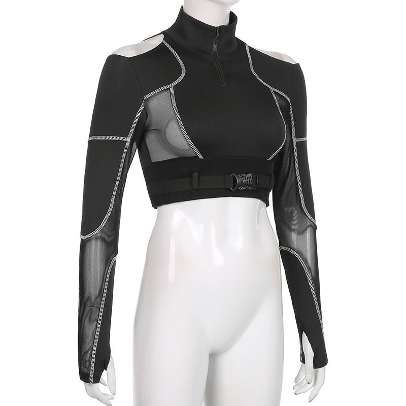 Long-sleeved Techwear Shirt with Hollow Out Accents and Ripped Edges