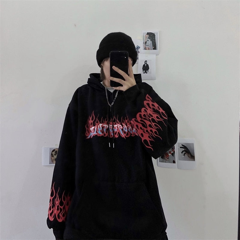 "Gothic Flame Print Sweatshirt with Zipper - Punk Oversized Hoodie"