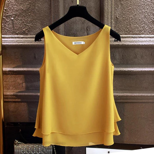 Summer Sleeveless Chiffon Blouse Solid V-neck