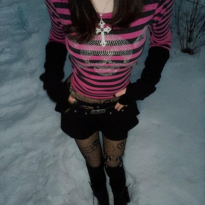 Gothic Skull and Rhinestone Print Crop Top for a bold and edgy look