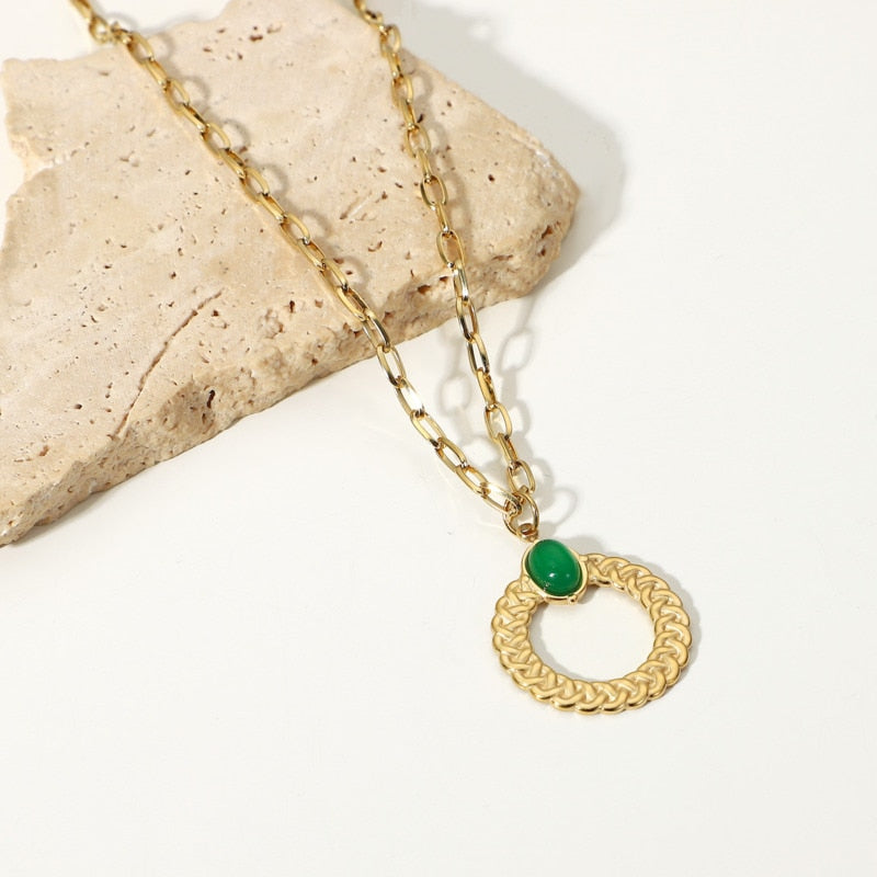 Stainless Steel Twist Green Cross Chain Necklace