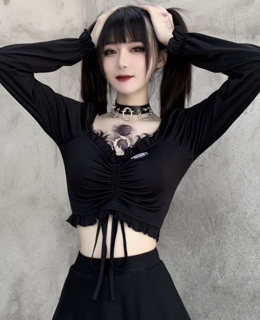 Gothic Black V-neck Crop Top