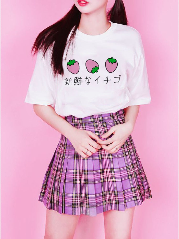 Japanese 90s Aesthetic Strawberry T-Shirt in white with cute strawberry graphic