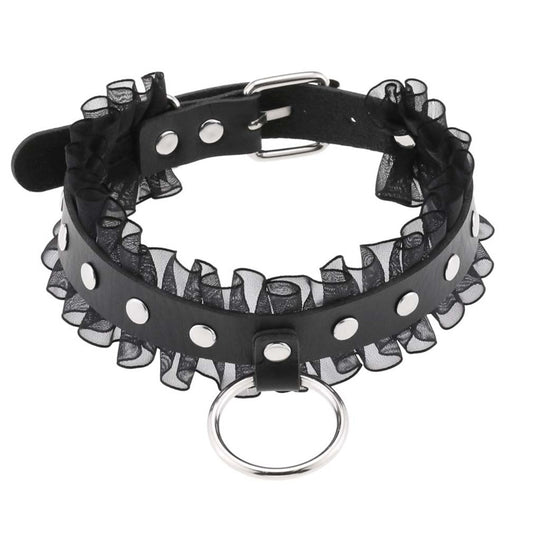 Gothic Leather Choker Necklace with Ring and Ribbon