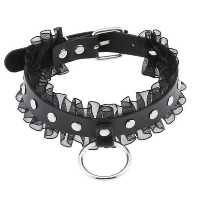 Gothic Leather Choker Necklace with Ring and Ribbon