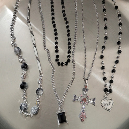 Gothic Kpop Bead Letter Heart Cross Pendants Necklace