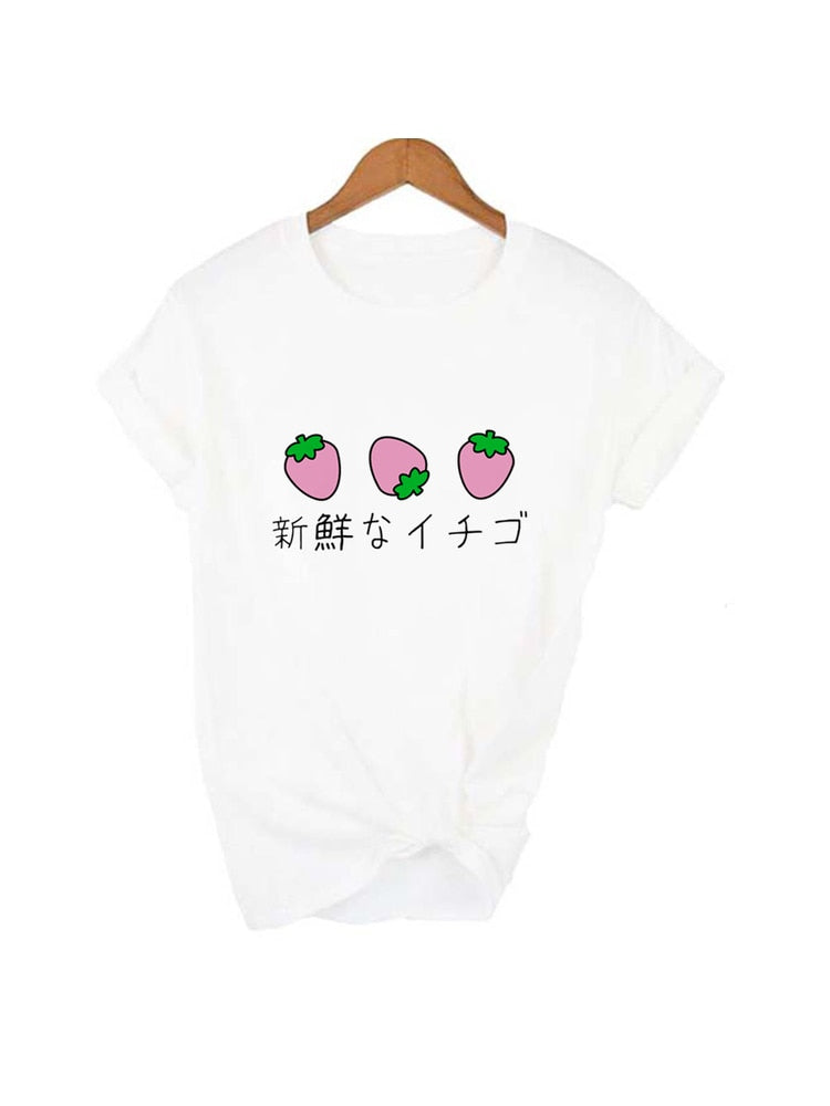 Japanese 90s Aesthetic Strawberry T-Shirt in white with cute strawberry graphic