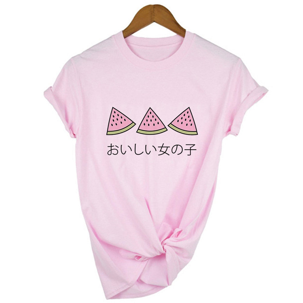 Japanese 90s Aesthetic Strawberry T-Shirt in white with cute strawberry graphic