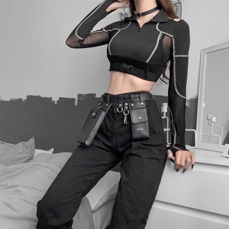 Women's Gothic Techwear Top with Hollow Out Details and a Dark and Edgy Style"
