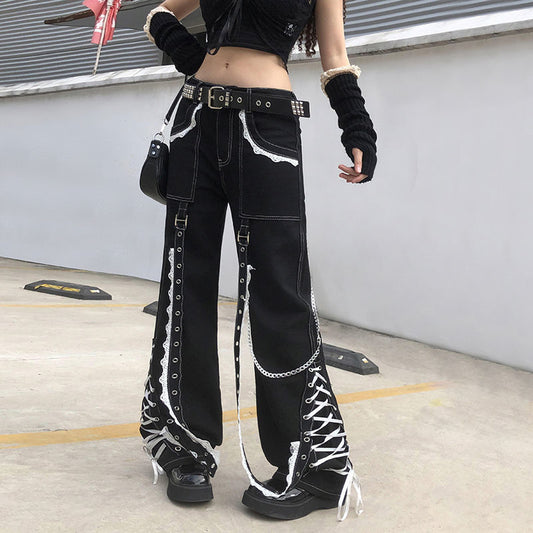 Gothic Lace Splice Baggy Jean with chains.