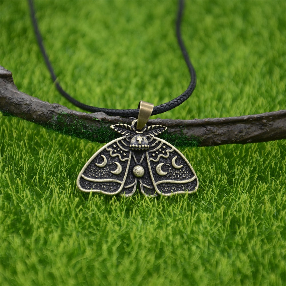 Gothic Dead Moth Pendant With Crescent Moon And Sun