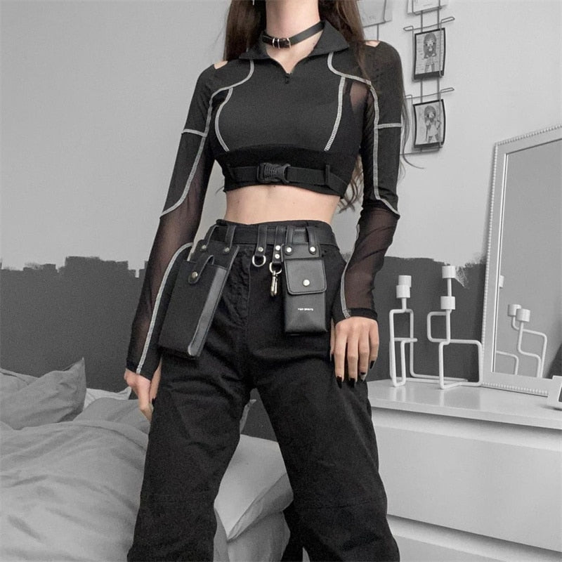 Dark and Edgy Women's Gothic Techwear Shirt with a Unique Hollow Out Pattern"
