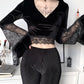 Gothic Long Sleeve T-shirt with Lace Patchwork Flare: A dark and alluring long sleeve t-shirt featuring sexy lace patchwork and flared cuffs.Gothic Long Sleeve T-shirt with Lace Patchwork Flare: A dark and alluring long sleeve t-shirt featuring sexy lace patchwork and flared cuffs.
