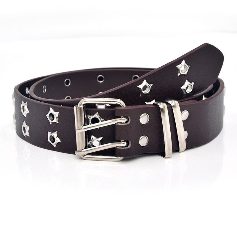 Gothic Leather Belt with Double Star Eye Rivets and Double Pin Buckle