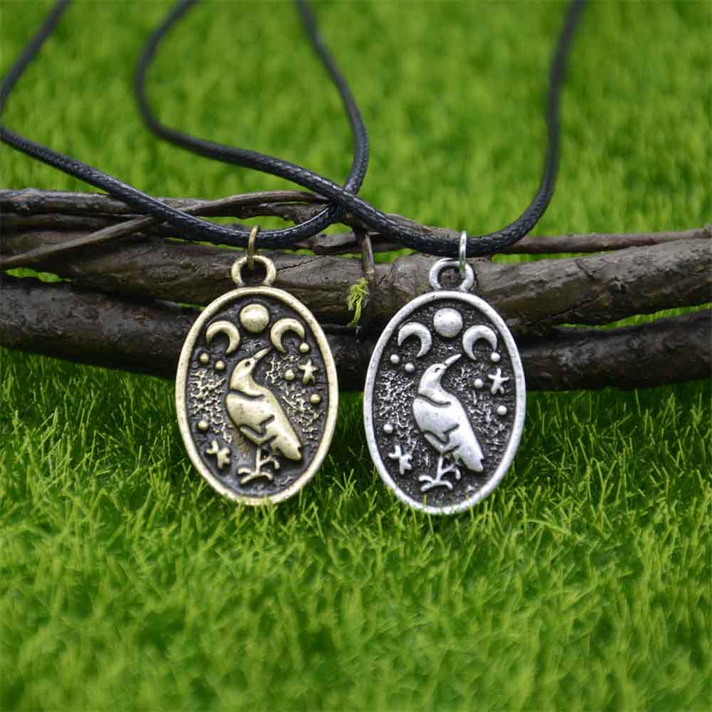 Gothic Thin Chain Necklace with Odin Raven Talisman Pendant