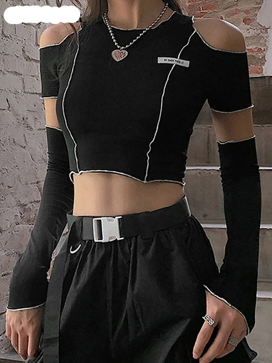 "Gothic patchwork crop top with open shoulders, perfect for a unique and edgy look."