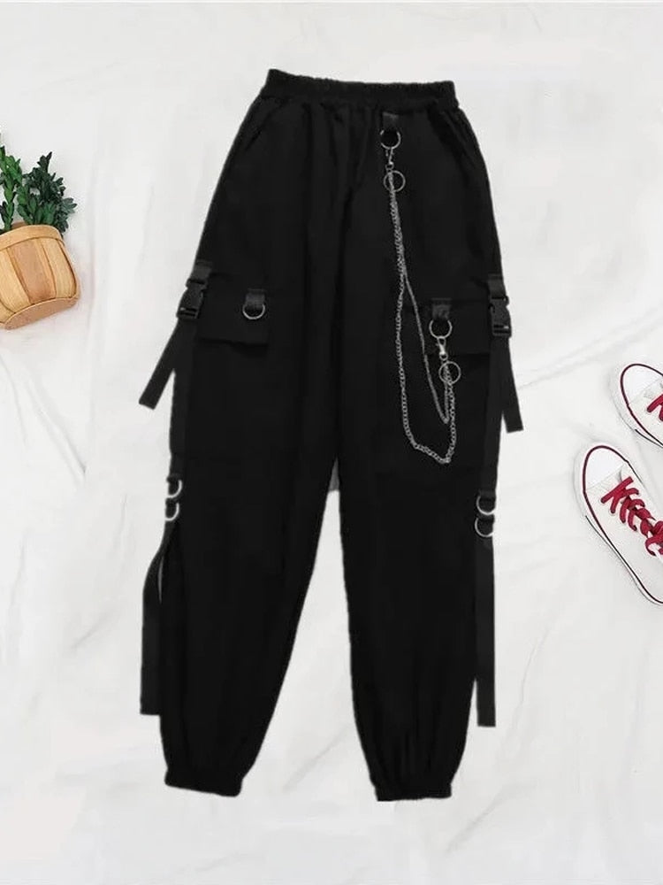 Punk Black Cargo Pants With Chain