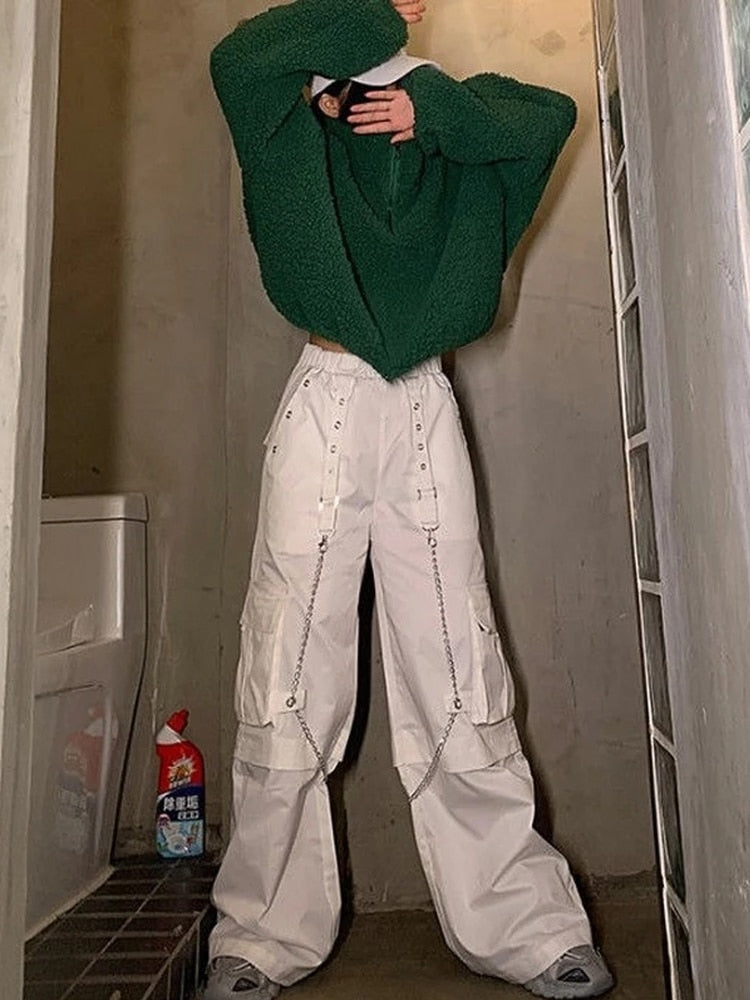 Gothic White Cargo Pants with Chain