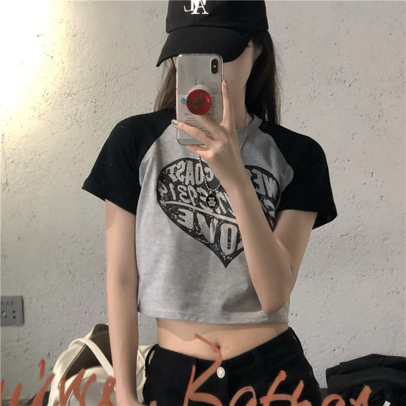 Aesthetic crop top t-shirt for women with bold grunge print