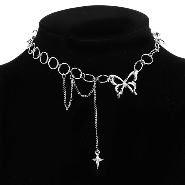 Gothic Layered Chain Necklaces with Retro Heart and Butterfly Pendants