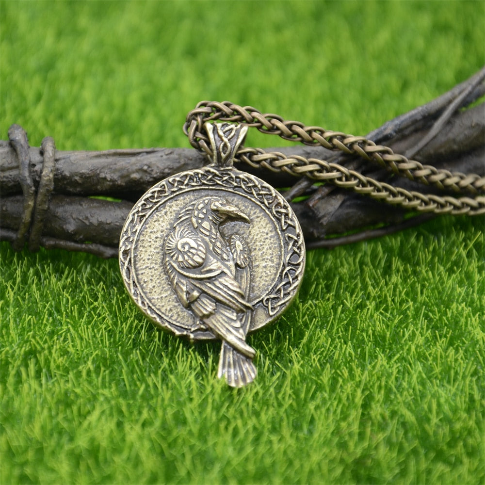 Gothic Thin Chain Necklace with Odin Raven Talisman Pendant