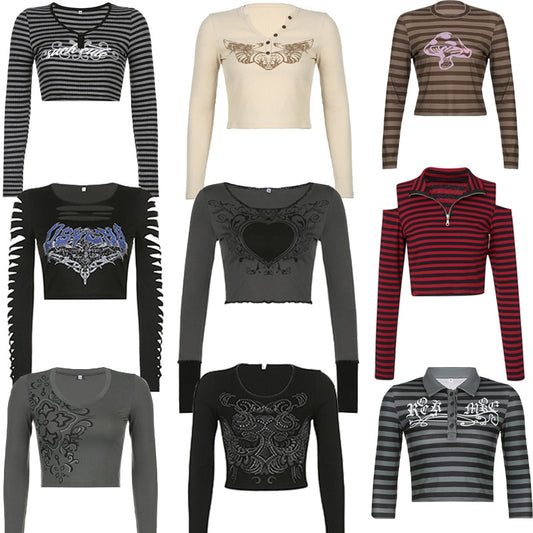 Gothic-inspired 90s Vintage Graphic Print Skinny Pullovers Tee