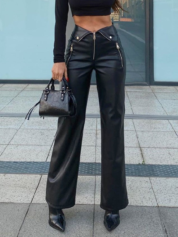 Gothic PU Leather Zip Up High Rise Pants