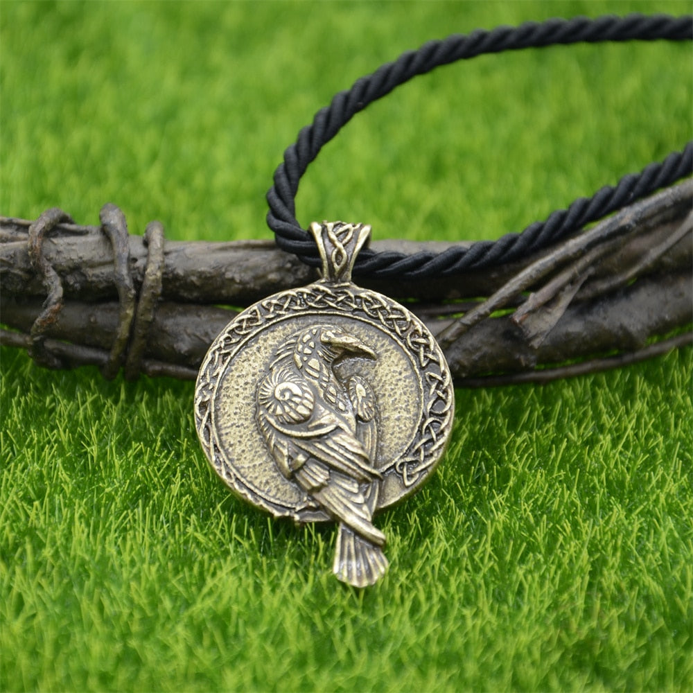 Gothic Thin Chain Necklace with Odin Raven Talisman Pendant