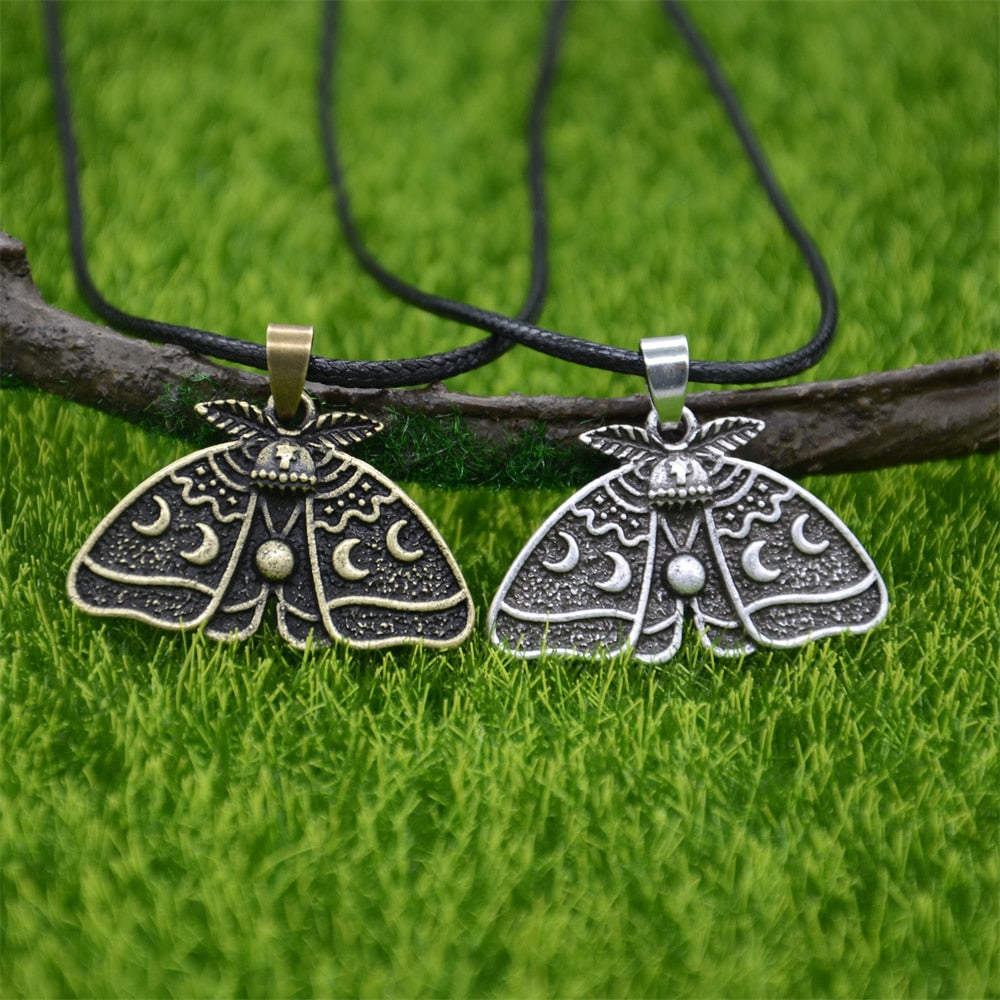Gothic Dead Moth Pendant With Crescent Moon And Sun