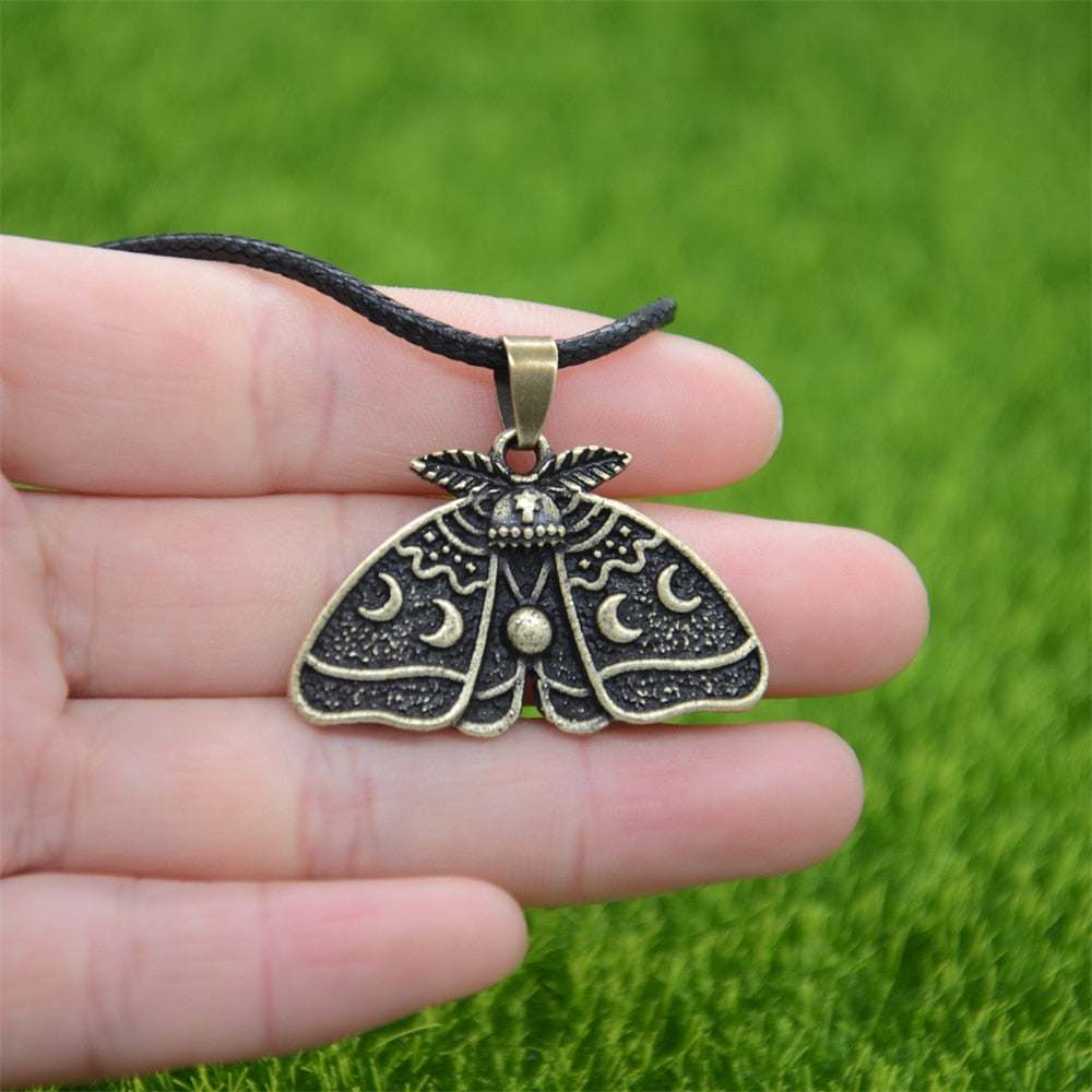 Gothic Dead Moth Pendant With Crescent Moon And Sun