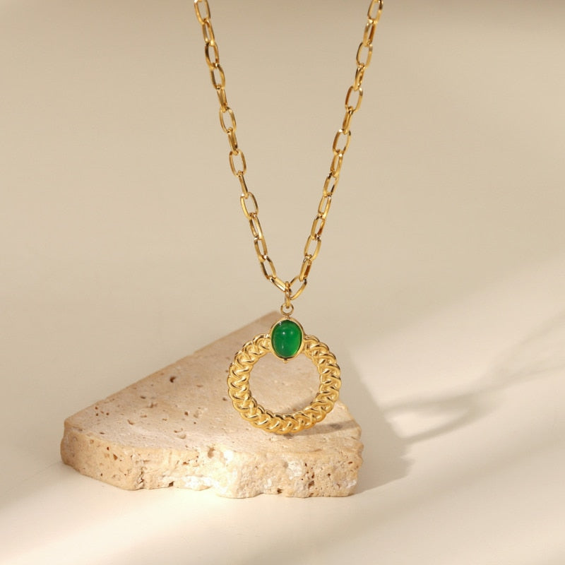 Stainless Steel Twist Green Cross Chain Necklace