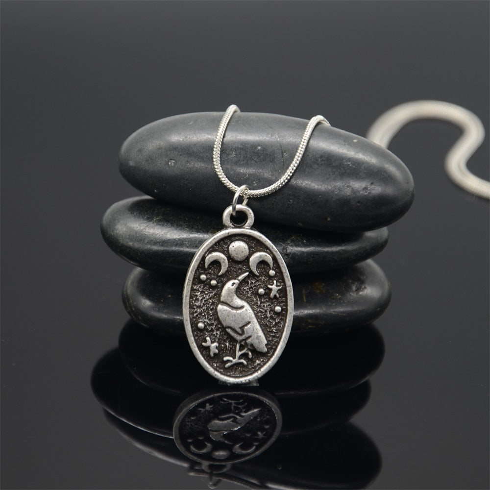 Gothic Thin Chain Necklace with Odin Raven Talisman Pendant