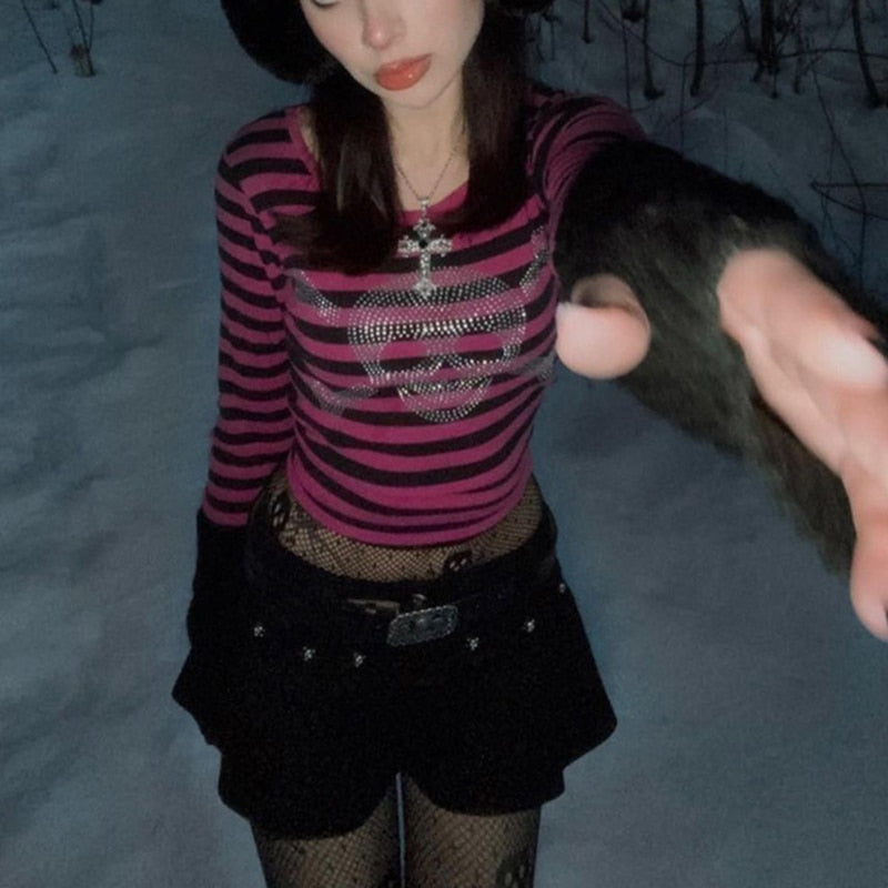 Edgy Gothic Crop Top with skull and rhinestone print