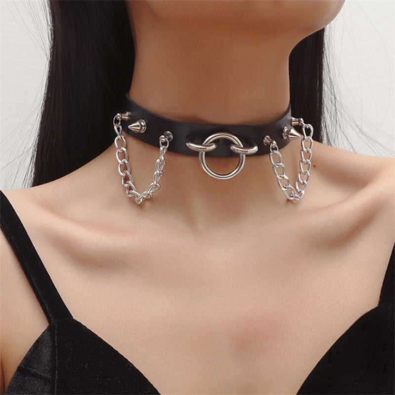 Gothic Choker Necklace with Spikes, Chains and Pendants