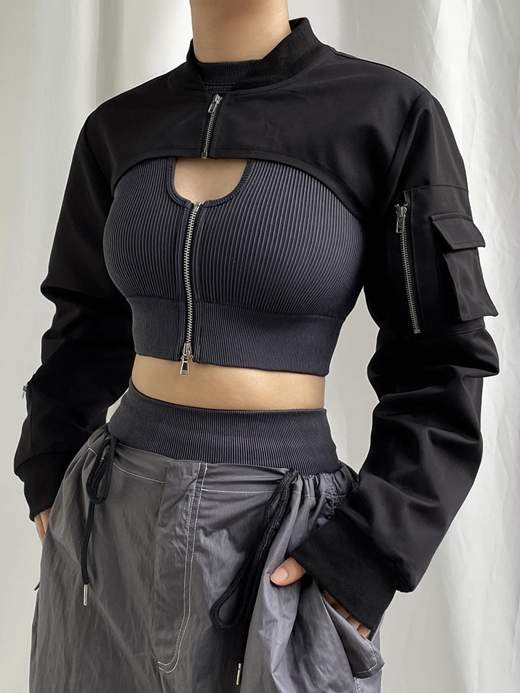 Edgy Gothic-style jacket with cropped length and unique design elements