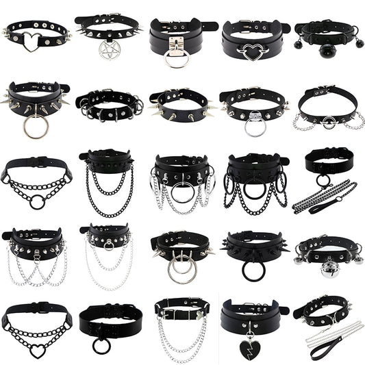 Gothic Choker Necklace with Spikes, Chains and Pendants