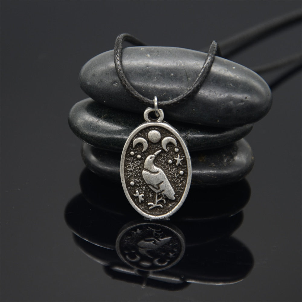 Gothic Thin Chain Necklace with Odin Raven Talisman Pendant