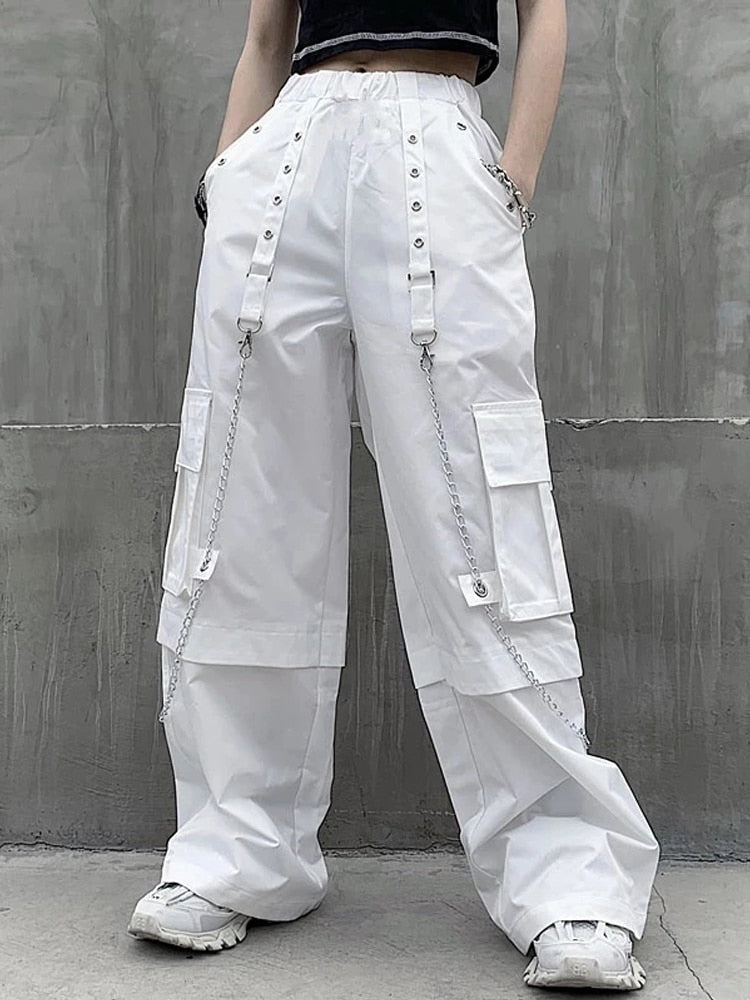 Gothic White Cargo Pants with Chain