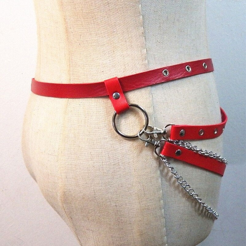Gothic Leather Waist Belt with Layered Belly Chains