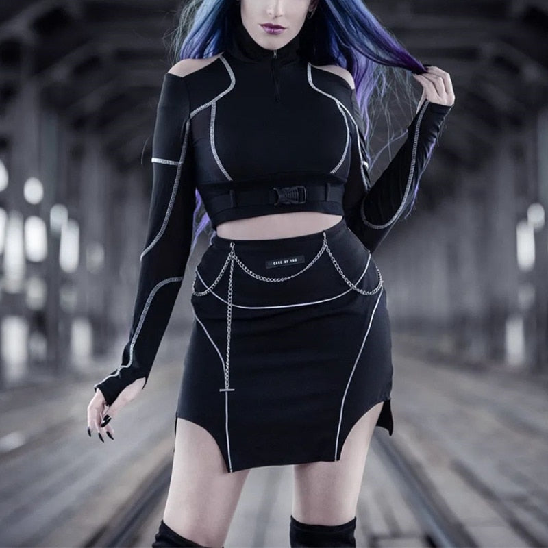 Edgy Gothic Techwear Shirt with a Long Sleeve Hollow Out Design and a Distinctive Look"