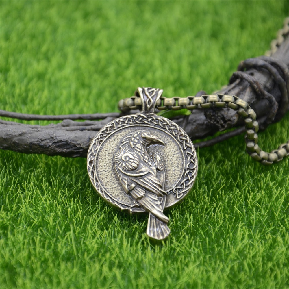 Gothic Thin Chain Necklace with Odin Raven Talisman Pendant