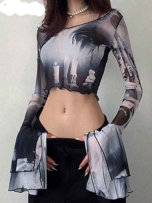 Gothic Mesh Crop Top with Flare Sleeves