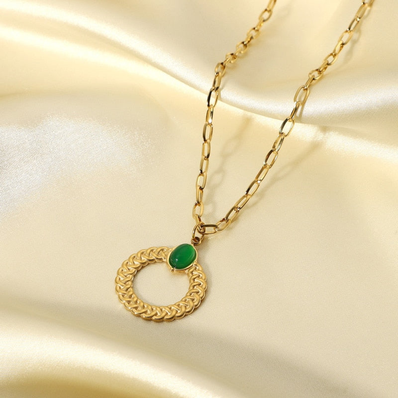 Stainless Steel Twist Green Cross Chain Necklace