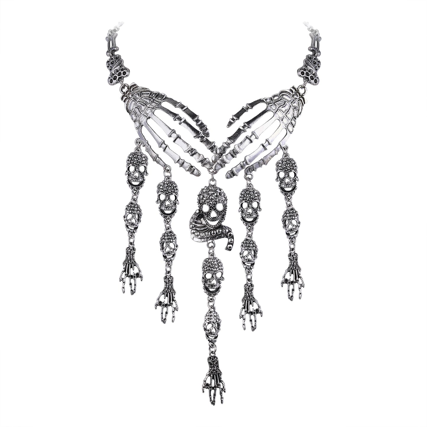 Gothic Thin Chain Necklace with Multiple Skull and Skeleton Pendant Designs